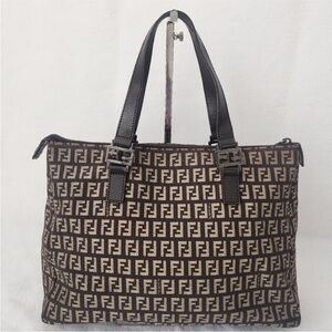 Vintage Fendi Zucchino FF Monogram Canvas Tote Bag Brown Leather Trim Italy